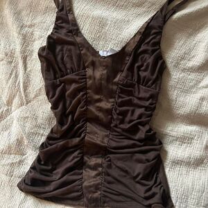 Vintage Charlotte Russe Brown Ruched Tank Top Y2k Fairy Grudge Babydoll Fitted